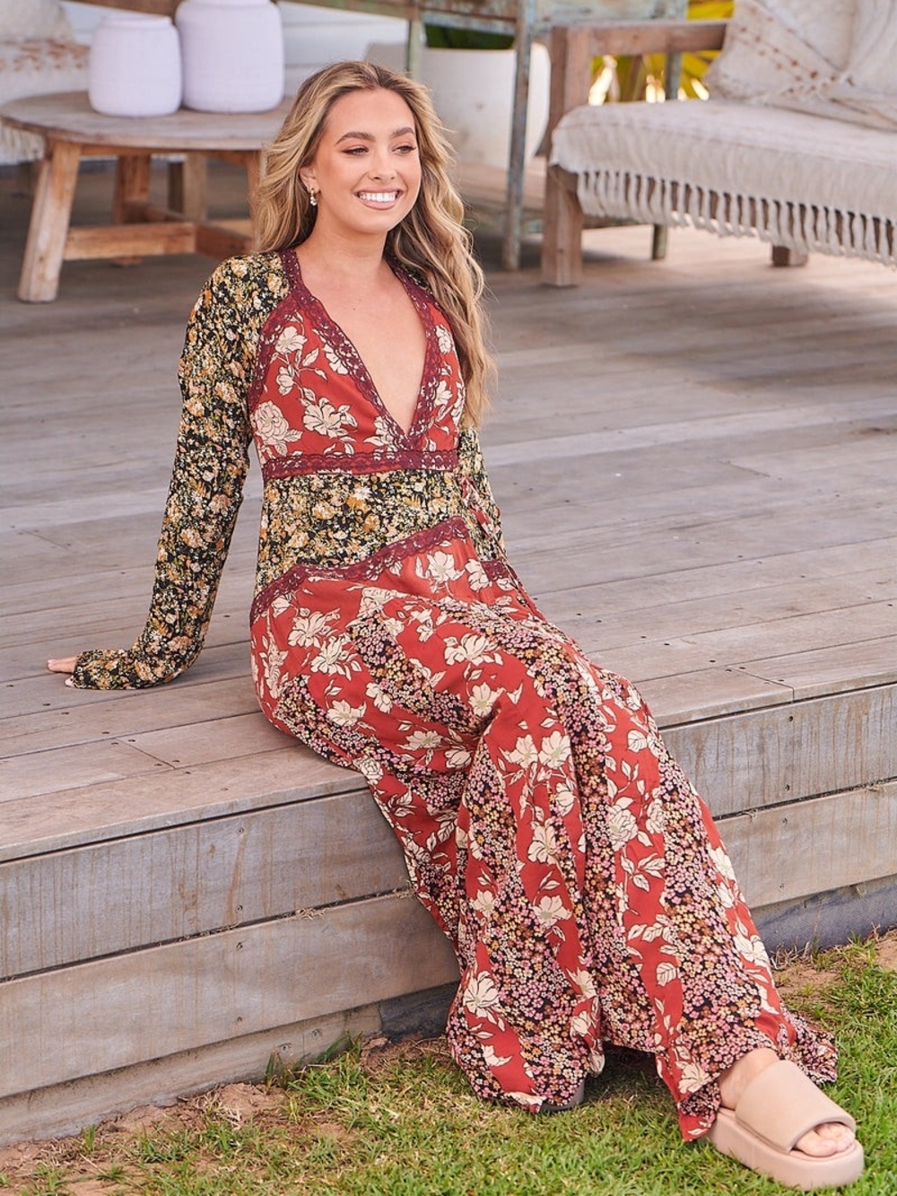 Free People Tilda Wrap Maxi Dress Mixed Floral Neutral Combo - Picture 4 of 9
